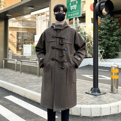 Threebooy Autumn Winter Men's Hooded Coat men Long trench Coat with Lining Wool Blends Streetwear Knee Coats Casual Men's Outerwear Cloth