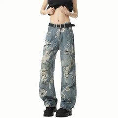 Threebooy Distressed Straight Leg Jeans Ripped Hole Design Urban Streetwear Fashion Men Denim Pants Trendy Casual Edgy Hiphop Style