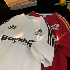 Threebooy Hip Hop Short-sleeved T-shirt for Men and Women, Handsome Extra-large Size Spliced Racing Suit Casual Sports Punk Letter Shirt