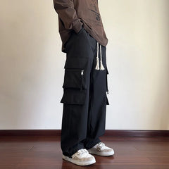 Threebooy Cargo Pants Men Fashion Retro Pocket Casual Pants Men Japanese Streetwear Hip-hop Loose Wide Leg Pants Mens Vintage Trousers