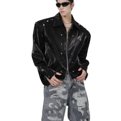 Threebooy HIP HOP 90s Streetwear Metal high street padded shoulder jacket men short style loose collar jacket