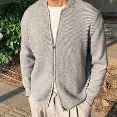 Threebooy Autumn and Winter Solid Color Knitted Cardigan Jacket for Men Versatile Casual Simple Sweater Zipper Solid Color Round Neck Top