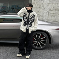 Threebooy Autumn Winter Plush Warm Cardigan Men Butterfly Printing Sweaters Full Zip Jackets Luxury Loose Lazy Knitted Sweater Coat
