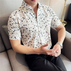 Threebooy Summer New Men's Short Sleeved Shirt High Quality Fashion V-neck Flower Printed Shirt Breathable Casual Shirt Size 4XL-M