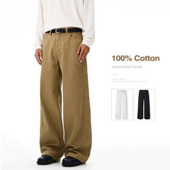 Threebooy 100% Cotton Men's Loose Casual Pants Autumn New Fashion Comfortable Wide-leg Oversized Trousers Streetwear White Khaki Black