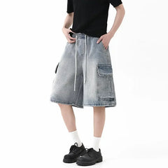 Threebooy Korean Summer Mens Oversized Denim Shorts Elastic Waist Fashion Baggy Knee-length Cargo Shorts Streetwear Casual Short Jeans 