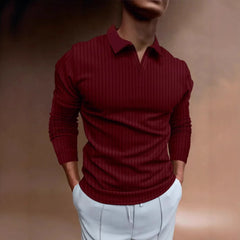 Threebooy Men's Autumn Fitness Casual Collar Long Sleeve Striped V-Neck Polo Shirt