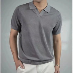 Threebooy Japanese Workwear Retro V Lapel Knitted Loose Short-sleeved Ameka Machine Half-sleeved Polo Shirt T-shirt Men Summer