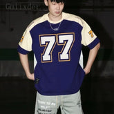 Threebooy Spliced Short-sleeved Top American Retro Sports High Street Casual Rugby Uniform Basketball Hip-hop Jersey Aesthetic Oversize