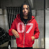 Threebooy Gothic Retro Oversized Hoodie Number 07 Printing Y2k Hooded Cardigan Sweatshirts European and American Fashion Long Sleeve