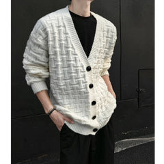 Threebooy American Style Cardigans Men V-neck Solid Jacquard Pattern Streetwear Autumn Winter New Popular Male Casual Daily Knitting Coat
