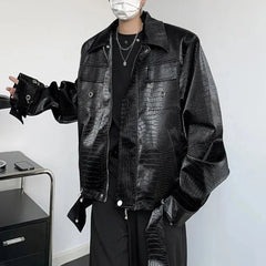 Threebooy Y2K Mens Jacket Crocodile Pattern Shoulder Pads Leather Jacket Autumn Casual Breathable Youthful Retro Top Men's Clothing