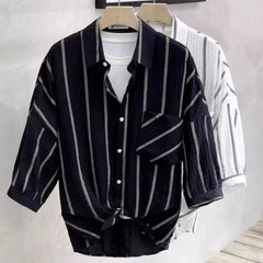 Threebooy Mens Shirt Pocket Striped Long Sleeved Shirt Summer Ice Silk Casual Breathable Moisture Wicking Japanese Top Men's Clothing