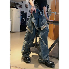 Threebooy Retro Star Design Wide Leg Jeans Distressed Loose Raw Edge Floor Mopping Pants