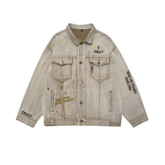 Threebooy Hip Hop Men's Washable Old Denim Clothes Vintage Embroidered Denim Jackets Speckled Oversize Loose Coat Men's Spring and Autumn