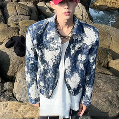 Threebooy Spring Clothing Men's Leisure Printed Zipper Short Jacket Streetwear Turn-down Collar Korean Harajuku Long Sleeve Luxury Coats
