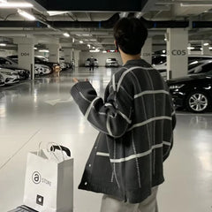 Threebooy Autumn Clothing Men's Light Luxury Knitted Button Down Cardigan Sweater Long Sleeve Streetwear Patchwork Coat Fashion Knitwear