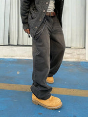 Threebooy 1Pc Men's Wide Pants Brushed Jeans Wide Jeans Y2K New Rocks Jeans Buggy Black Hip-Hop Pants