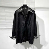 Threebooy Spring Autumn Vintage Patterned Shirt Casual Versatile Long Sleeve Shirt Men's High-end Solid Oversized Design High-end Blouse