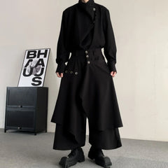 Threebooy Men Culottes Irregular Layered Samurai Pants Hakama Streetwear Fashion Versatile Trend Casual Wide-Leg Pants Men'S Clothing