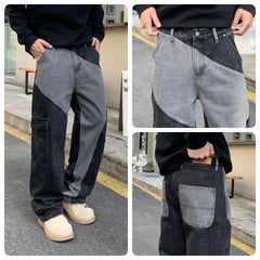 Threebooy Y2K Jeans Men Patchworks Mid Waist Denim American Street Wear Contrast Color Male's Fashion Cargo Jeans