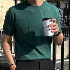 Threebooy New Men Fashion Tops Light Luxury Style Breathable O Neck Knitted T Shirt Casual Fitness Solid Color Short Sleeve Knitwear M-3XL