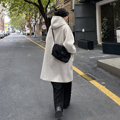 Threebooy High Street Horn Button Woolen Trench Men Preppy Casual Long Loose Windbreaker Winter Hooded Jacket Coats Fashion Trenchcoat
