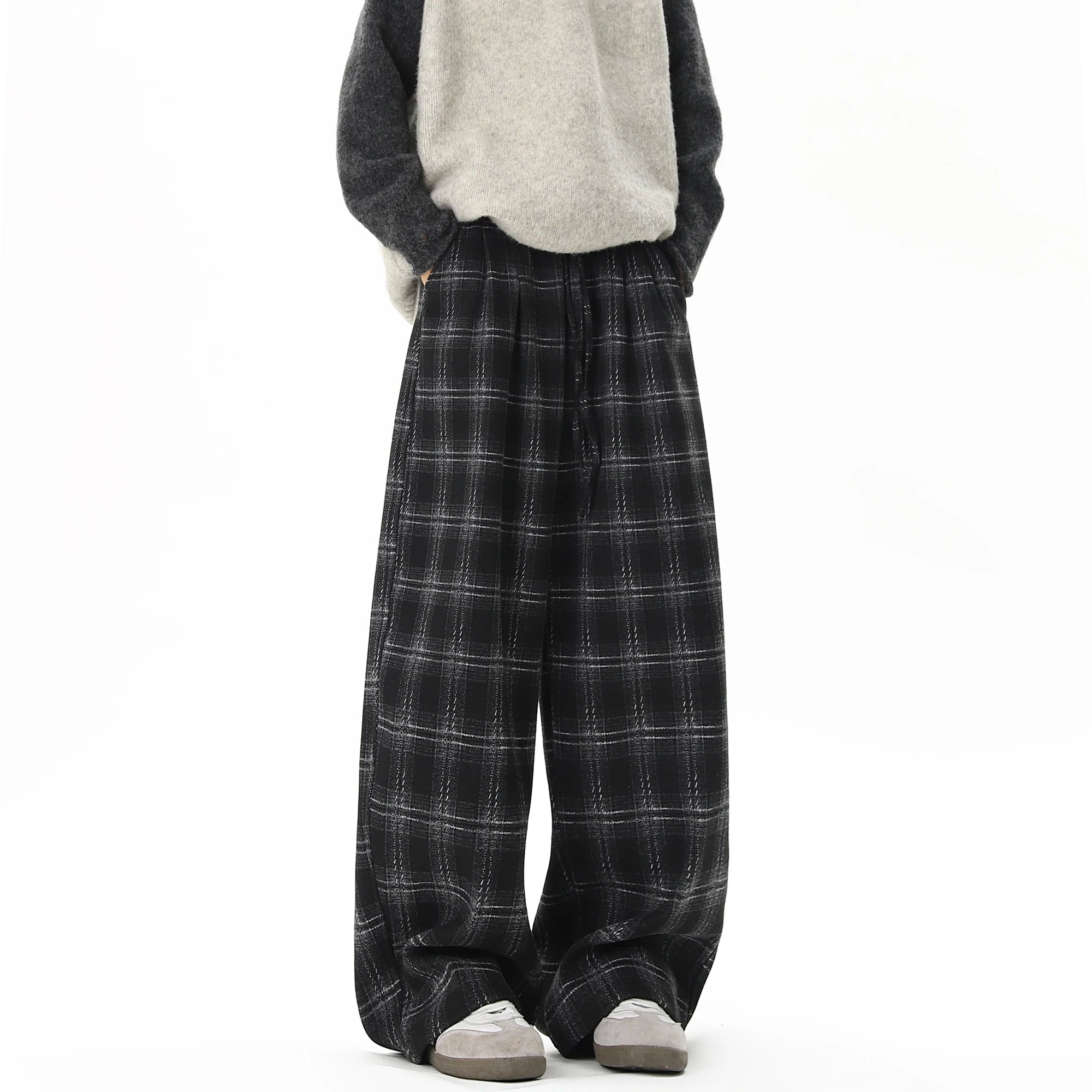 Threebooy Winter Trendy Tartan Fleeced Plaid Casual Pants Men's Loose Straight Warm Long Pants Mopping Trousers For Men Black/Coffee