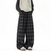 Threebooy Winter Trendy Tartan Fleeced Plaid Casual Pants Men's Loose Straight Warm Long Pants Mopping Trousers For Men Black/Coffee