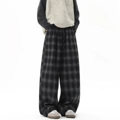Threebooy Winter Trendy Tartan Fleeced Plaid Casual Pants Men's Loose Straight Warm Long Pants Mopping Trousers For Men Black/Coffee