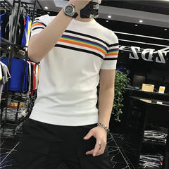 Threebooy Clothing Men's Summer Knitted T-shirts/Male Slim Fit Stripe Fashion Business T-shirt O-Neck Casual T-Shirt Streetwears
