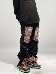 Threebooy American High Street ins Loose Large Damaged Patch Jeans Straight Sweep Floor Pants Fashion Men streetwear pantalon jean