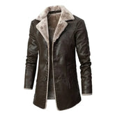 Threebooy Men Winter Long Thick Fleece PU Leather Jacket Mens Streetwear Casual Business Clothing Porcket Leather Jackets Coat Outwear Men