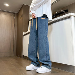 Threebooy Branded Men's Baggy Jeans Classic Drawstring Loose Casual Straight Pants College Students Daily Versatile Blue Pants