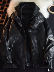 Threebooy Vintage Hooded Fake Two Pieces PU Jacket Autumn Winter Hip Hop Streetwear American Men Women Punk Leather Bomber Jacket
