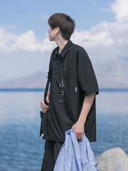 Threebooy Japanese Half Zip Lapel Shirt Men's Summer Trend Vintage Brown Short Sleeve T-shirt Oversize Retro Cityboy Workwear Top