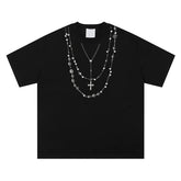 Threebooy Mens Short Sleeve T-Shirts Streetwear Punk Cross Necklace Print Tees Tops Men Oversized Harajuku Y2k Hip Hop Black T Shirts Male
