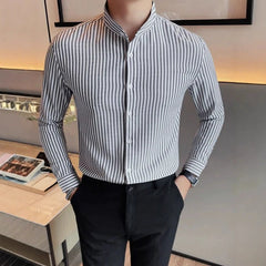 Threebooy New Naples Business Men Shirts Luxury Textured Stand Collar Striped Long Sleeve Cardigan Leisure Premium Commuter Blouse M-3XL