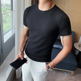 Threebooy Summer Slim Fit T-Shirt Men's High Quality Pinstripe Fashion Solid Color Casual Round Neck Short Sleeve Top T-Shirt Male