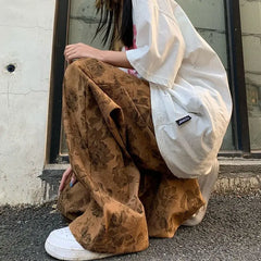 Threebooy men and women trendy and personalized straight tube spring/summer thin print loose couple retro wide leg casual pants