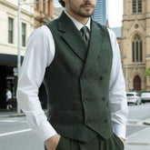 Threebooy Men Vest Army Green Herringbone Double Button With Lapel Waistcoat For Wedding Business Office Work Daily Casual Men Suit Vest