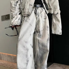 Threebooy Mens Denim Sets Y2k Tie-Dye Jacket Trousers Spring Streetwear Fashion Trends Youth Campus Performance Sets Men'S Clothing