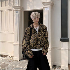 Threebooy 90s Streetwear Leopard Print Design with Curved Sleeves Short Jacket Men's Spring Autumn New Casual Jacket Top