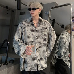 Threebooy Tie-dye Retro Long-sleeved Floral Shirts for Men and Women Handsome High-end Shirts Niche Design Jackets Shirts