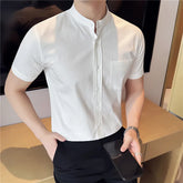 Threebooy Summer 100% Cotton Stand Up Collar Striped Shirt Men's Casual Pocket Decoration Short Sleeved Shirt Business Social Dress Shirt