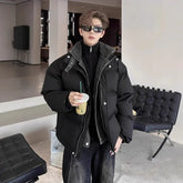 Threebooy Winter Warm Cotton Jacket Men's Denim Fake Two-piece Spliced Stand up Collar Casual Autumn Winter Coat