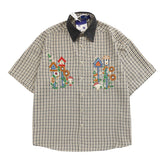 Threebooy Summer Japanese Retro Patchwork Denim Collar Plaid Short Sleeved Embroidery Shirt for Men and Women Loose Design and Trendy Top