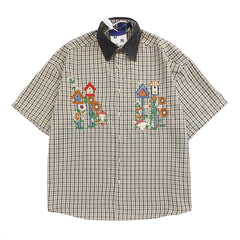 Threebooy Summer Japanese Retro Patchwork Denim Collar Plaid Short Sleeved Embroidery Shirt for Men and Women Loose Design and Trendy Top