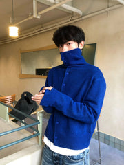 Threebooy Autumn Winter High Ne Knitted Sweater Men's Casual Loose Fit Button up Cardigan Soft Cozy Gem Blue Lazy Aosphere