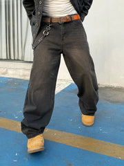 Threebooy 1Pc Men's Wide Pants Brushed Jeans Wide Jeans Y2K New Rocks Jeans Buggy Black Hip-Hop Pants